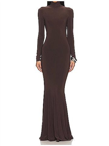 Norma Kamali Long Fishtail Dress in Chocolate Brown (view 2)