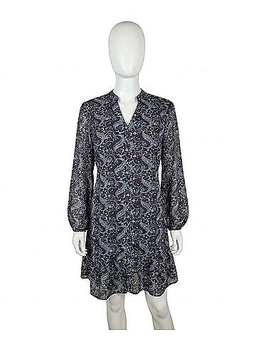 Papillon Printed Long Sleeve Dress With Tie Belt in Black (view 1)
