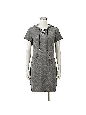 Kickee Women's Fleece Hooded Dress in Heathered Zebra (view 1)