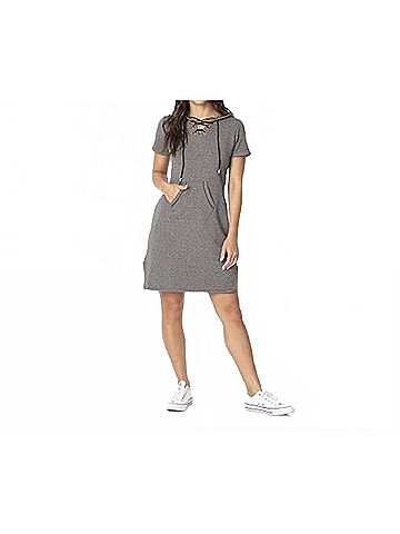 Kickee Women's Fleece Hooded Dress in Heathered Zebra (view 2)