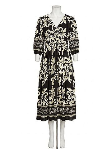 She + Sky 3/4 Sleeve V-Neck Woven Midi Dress With Side Pocket in Black (view 1)