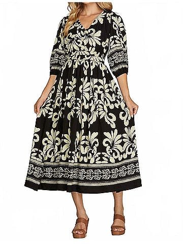 She + Sky 3/4 Sleeve V-Neck Woven Midi Dress With Side Pocket in Black (view 2)
