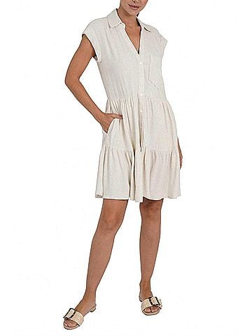 Love Token Karla Linen Blend Short Shirtdress in Natural (view 2)