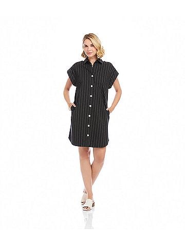 Karen Kane Stripe Cap Sleeve Shirtdress in Black With Off White (view 2)