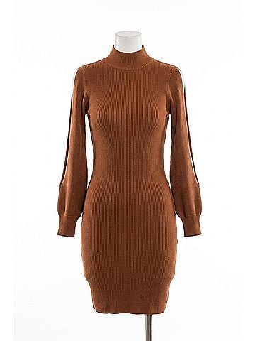 Love Token Bubble Sleeve Knit Mini Dress in Cinnamon (view 1)