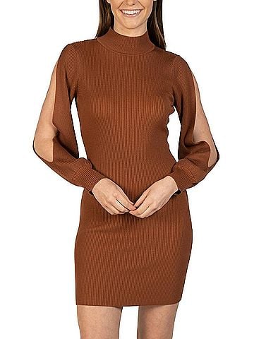 Love Token Bubble Sleeve Knit Mini Dress in Cinnamon (view 2)