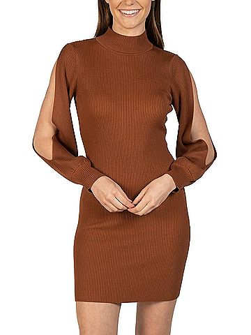 Love Token Bubble Sleeve Knit Mini Dress in Cinnamon (view 2)