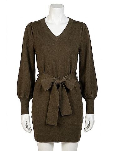 Love Token Short Knit Mini Sweater Dress With Tie in Olive (view 1)