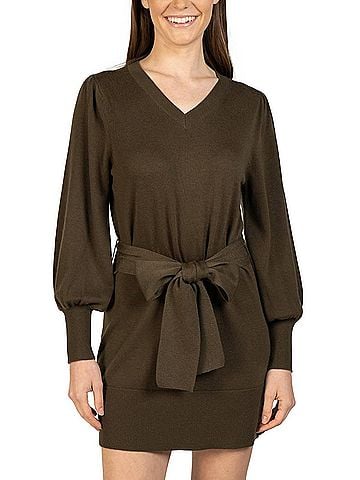 Love Token Short Knit Mini Sweater Dress With Tie in Olive (view 2)