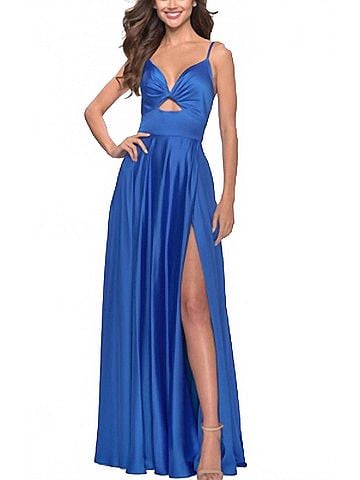 La Femme Satin A-Line Dress in Royal Blue (view 2)