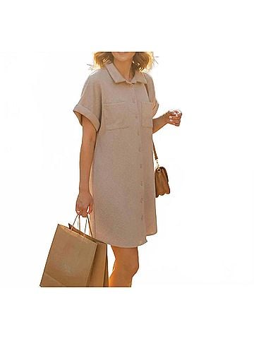 She + Sky Drop Shoulder Button Down Mini Dress in Lt Taupe (view 2)