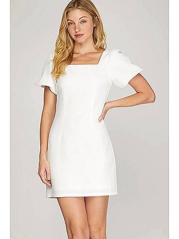 She + Sky Short Sleeve Square Neck Knit Mini Dress in Off White (view 2)