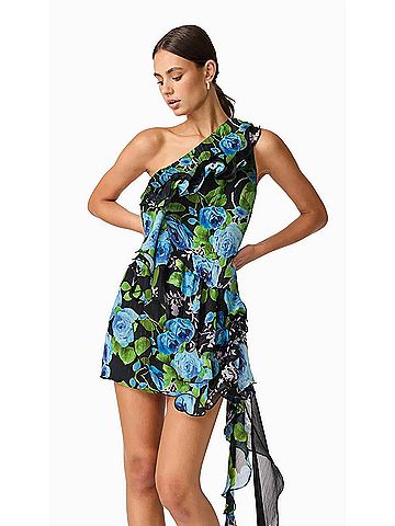 Elliatt Briony One Shoulder Mini Dress in Black Floral Multi (view 2)