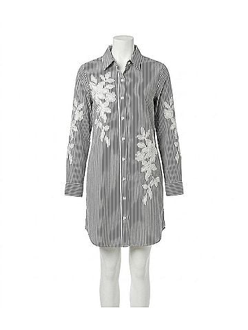 Karen Kane Roll-Tab Stripe Embroidered Shirtdress in Black With Off White (view 1)