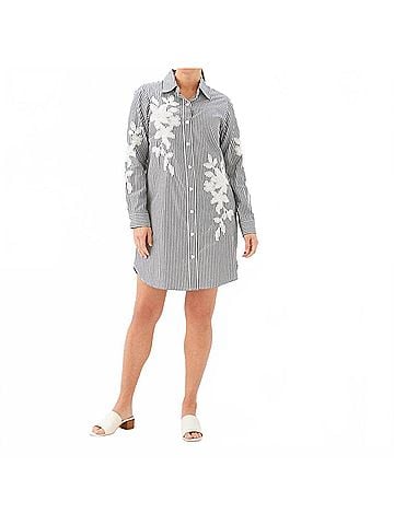 Karen Kane Roll-Tab Stripe Embroidered Shirtdress in Black With Off White (view 2)