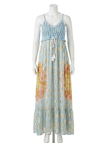 Pol Crochet Golden Accent Boho Maxi Dress in Blue (view 1)