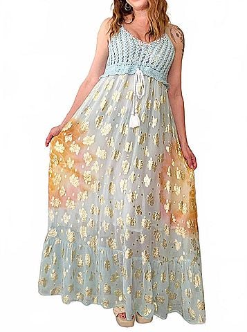 Pol Crochet Golden Accent Boho Maxi Dress in Blue (view 2)