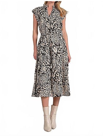 Elan Neutral Midi Dress in Black Acorn Print (view 2)