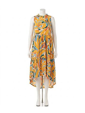 Mittoshop Leaf Print Mock Neck Midi Dress in Yellow Multi (view 1)