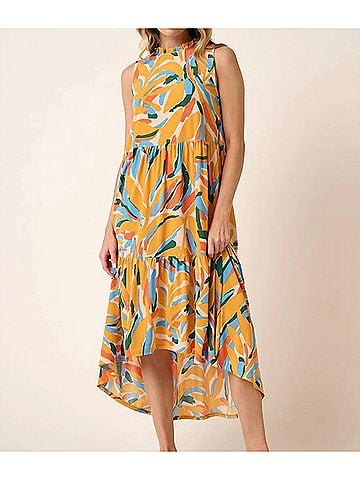 Mittoshop Leaf Print Mock Neck Midi Dress in Yellow Multi (view 2)