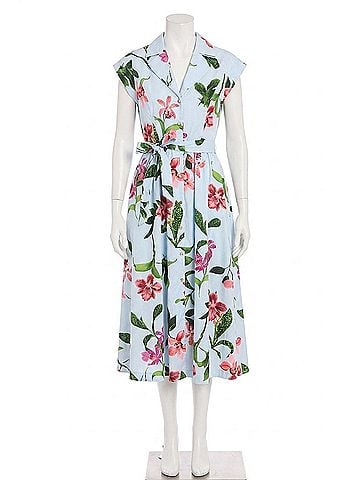 London Times Rosemary Cotton Belted Shirt Dress in Sky Blue / Sunkist Coral (view 1)