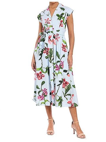 London Times Rosemary Cotton Belted Shirt Dress in Sky Blue / Sunkist Coral (view 2)
