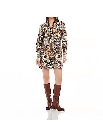 Karen Kane Perry Print Blouson Sleeve Mini Shirtdress in Brown Black And White (view 2)