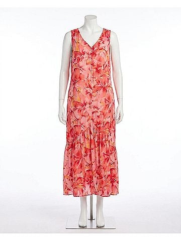 Tribal Soleil Sleeve Maxi Dress Petite in Coral Sky (view 2)