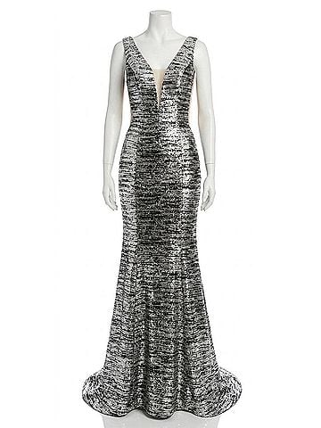 Clarisse Plunging V-Neck Glitter Knit Mermaid Gown in Black/Silver (view 1)