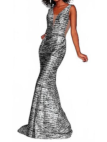 Clarisse Plunging V-Neck Glitter Knit Mermaid Gown in Black/Silver (view 2)