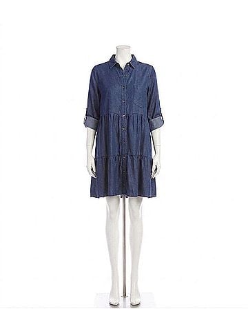 Karen Kane Rosalind Roll Tab Tiered Mini Shirtdress in Chambray (view 1)