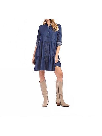 Karen Kane Rosalind Roll Tab Tiered Mini Shirtdress in Chambray (view 2)