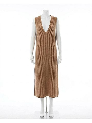 Salvatore Ferragamo Women's Sleeveless Ribbed Knit Dress in Beige (view 2)