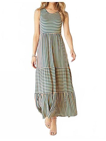 Coco + Carmen Janie Striped Tiered Maxi Dress in Teal/Coral (view 2)