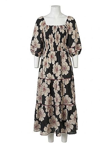 Oddi Floral Printed Tiered Midi Dress in Charcoal Multi (view 1)