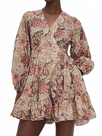 Zimmermann Daylight Mini Wrap Frill Dress in Stamp Floral Sage (view 2)