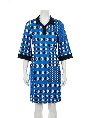 Joseph Ribkoff Silky Knit Dot Print Shirt Dress in Blue/Vanilla (view 1)
