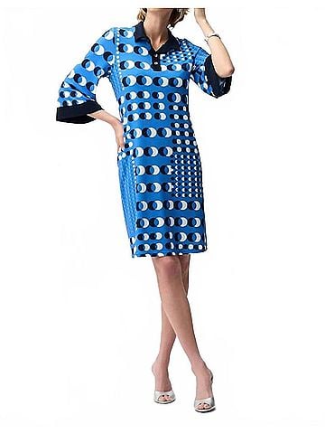 Joseph Ribkoff Silky Knit Dot Print Shirt Dress in Blue/Vanilla (view 2)