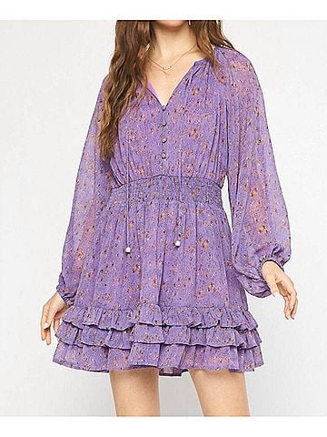 Entro Long Sleeve Smocked Dress in Purple (view 2)