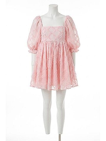 Mable Ribbon Textured Puff Sleeve Babydoll Mini Dress in Baby Pink (view 1)