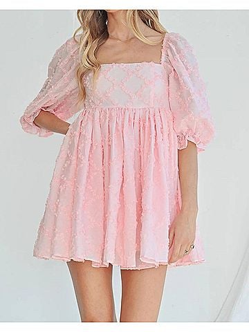 Mable Ribbon Textured Puff Sleeve Babydoll Mini Dress in Baby Pink (view 2)
