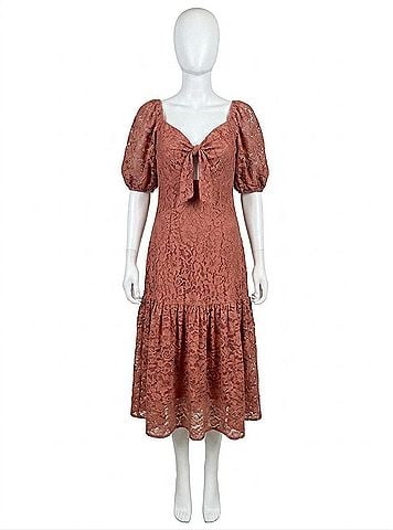 Flying Tomato Lace Puff Sleeve Midi Dress in Mauve (view 1)