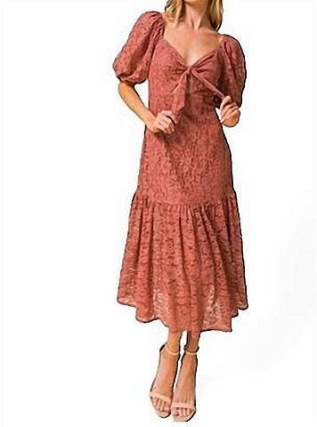 Flying Tomato Lace Puff Sleeve Midi Dress in Mauve (view 2)