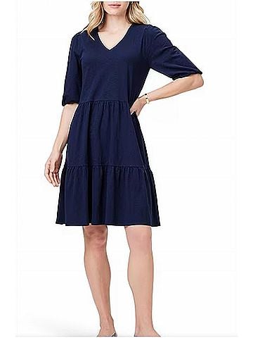 Nic + Zoe V Neck Elbow Sleeve Tiered Dress in Dark Indigo (view 2)