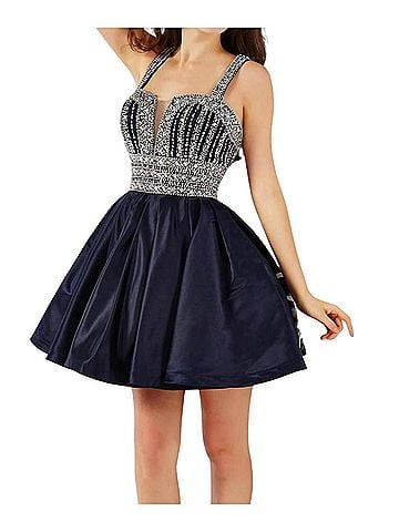 Angela & Alison Rhinestone Short Prom Dress in Navy (view 2)