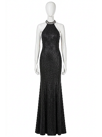 Angela & Alison Sequin Halter Prom Dress in Black (view 1)