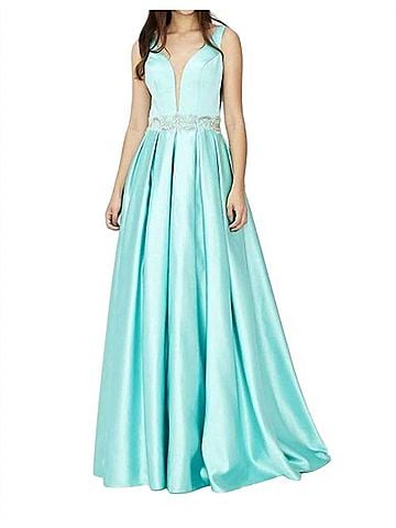 Angela & Alison V-Cut Prom Dress in Aqua (view 2)
