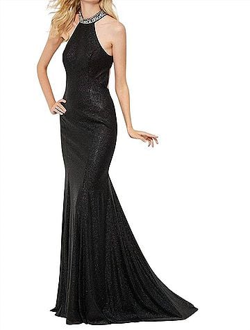 Angela & Alison Sequin Halter Prom Dress in Black (view 2)
