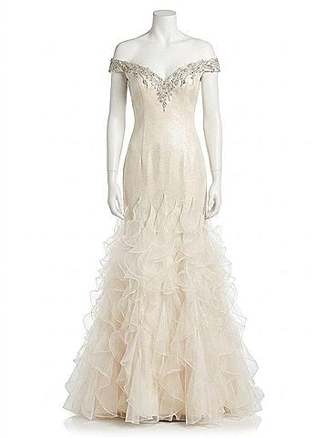 Mac Duggal Off-The-Shoulder Ball Gown With Sequins And Chiffon Ruffles in Ivory/Nude (view 1)