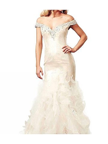 Mac Duggal Off-The-Shoulder Ball Gown With Sequins And Chiffon Ruffles in Ivory/Nude (view 2)